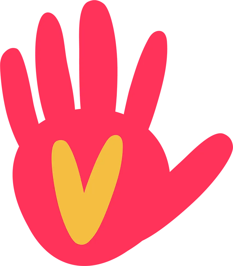 Dessin d'une main rouge avec un coeur jaune au centre.