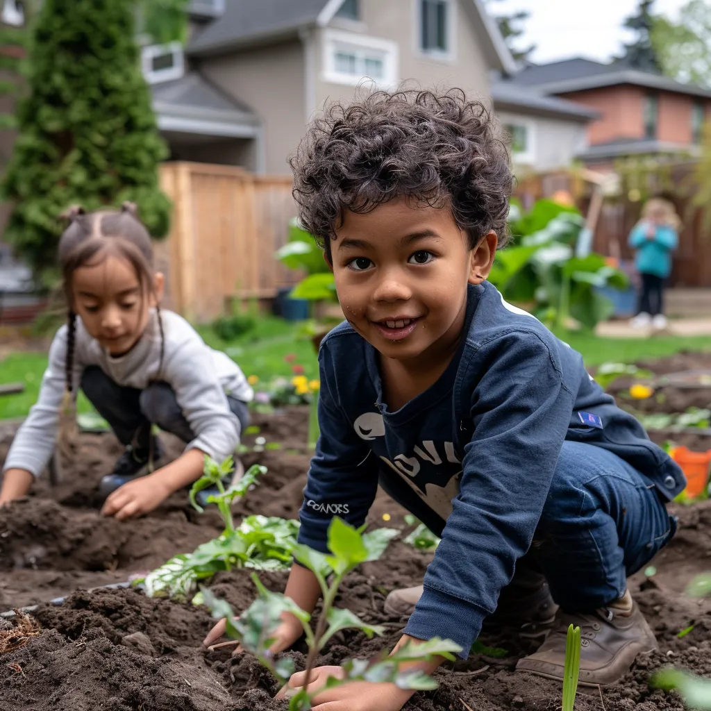 Deux enfants souriants plantant dans le jardin. Two smiling children planting in the garden.