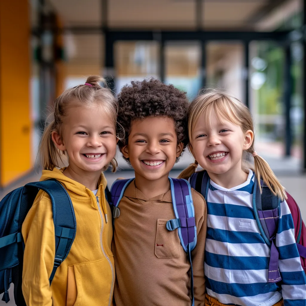 Trois enfants ensemble souriant. Three children together smiling.