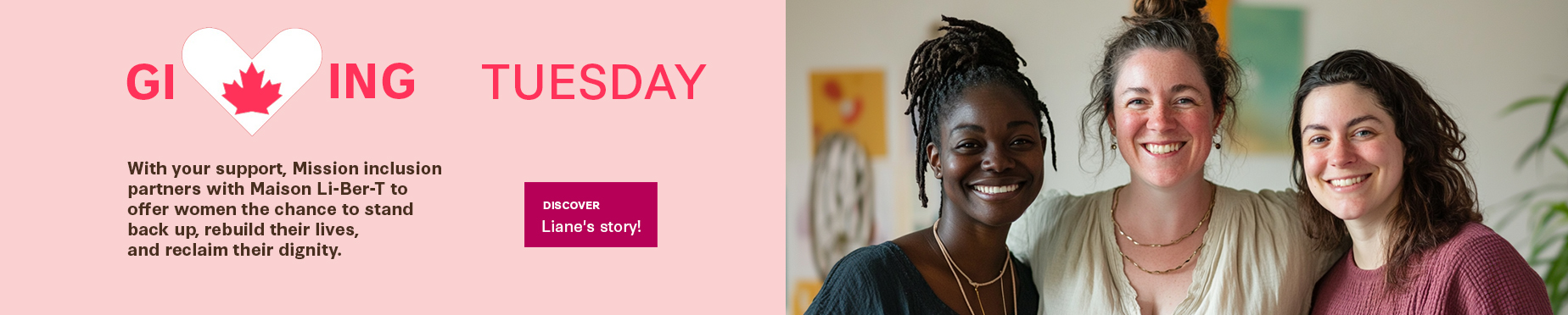 Header Giving Tuesday. three women standing together and smiling next to each other.