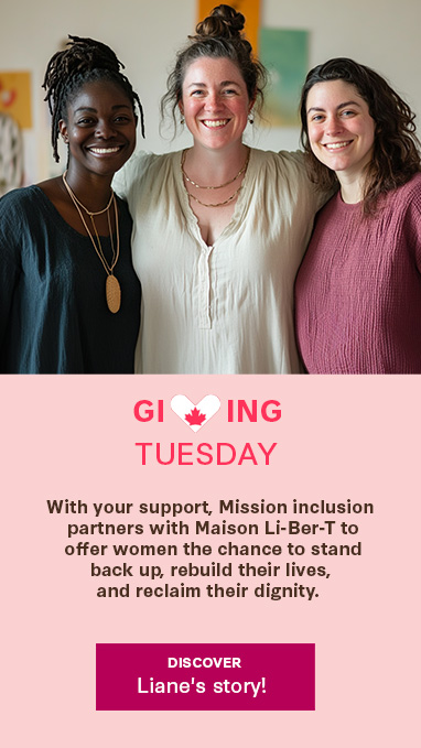 Header Giving Tuesday. three women standing together and smiling next to each other.