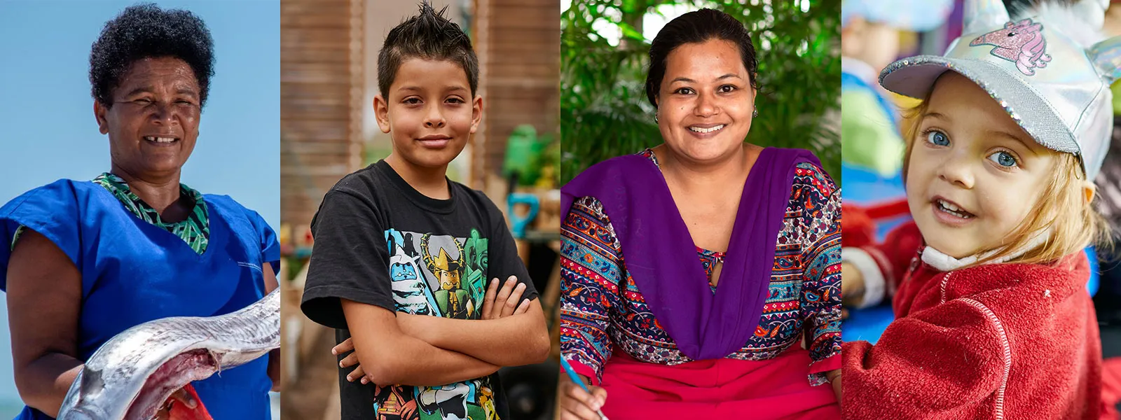 Il y a quatre photos. Sur la première photo, une femme tenant un gros poisson, sur la deuxième photo, un garçon souriant à la caméra, sur la troisième photo, une femme écrivant et souriant et sur la quatrième photo, un enfant souriant avec une casquette.