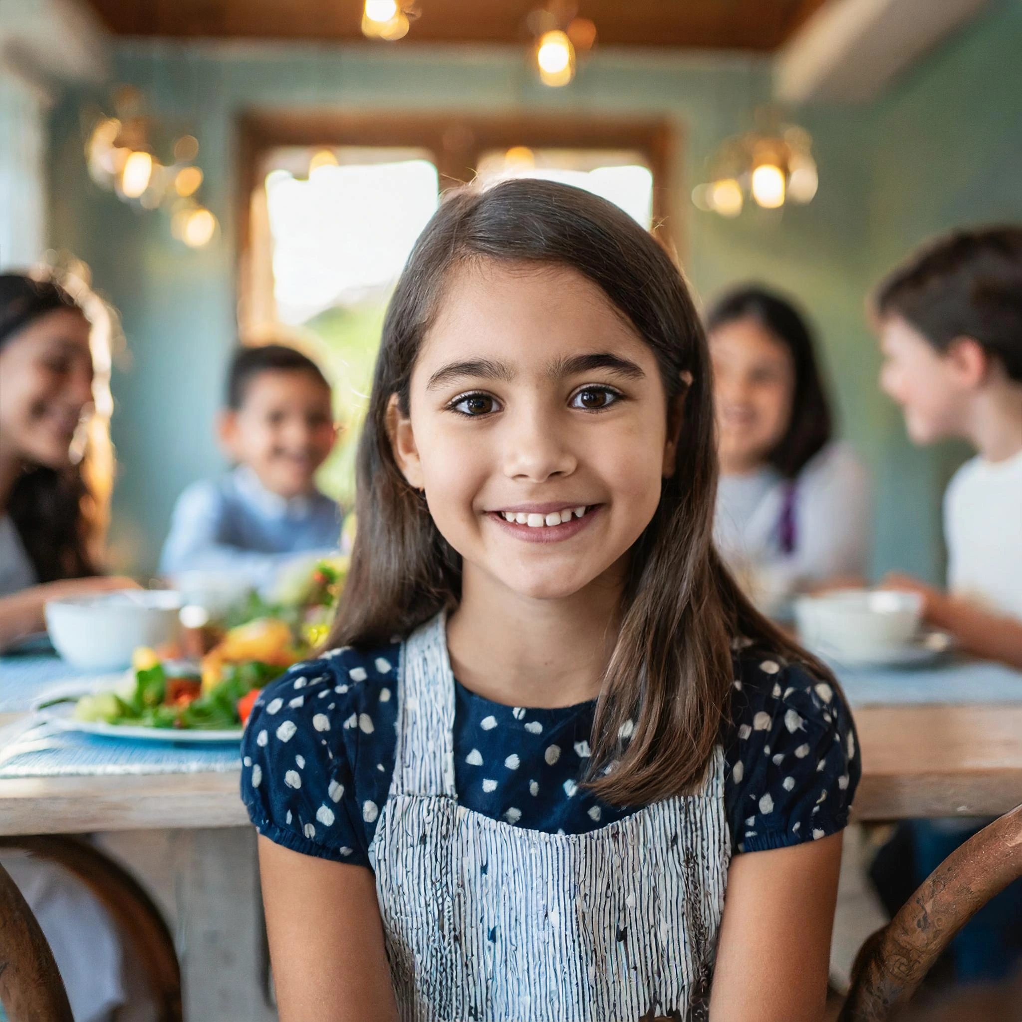 une fille d'environ 7 ans qui sourit, derrière elle se trouve sa famille assise à une table de dîner.