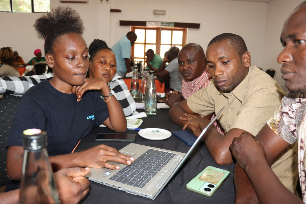 Des hommes et des femmes devant un ordinateur.