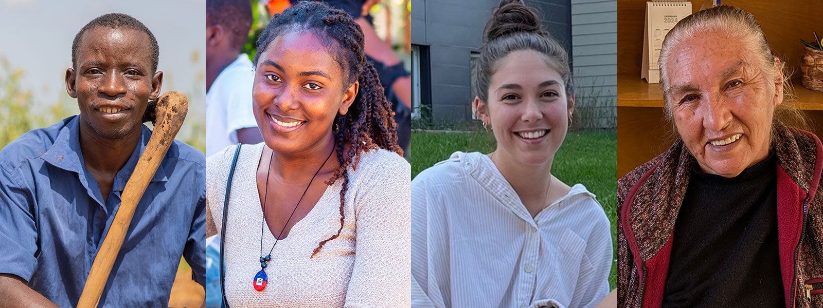 Il y a quatre photos. Sur la première photo, une femme tenant un gros poisson, sur la deuxième photo, un garçon souriant à la caméra, sur la troisième photo, une femme écrivant et souriant et sur la quatrième photo, un enfant souriant avec une casquette.