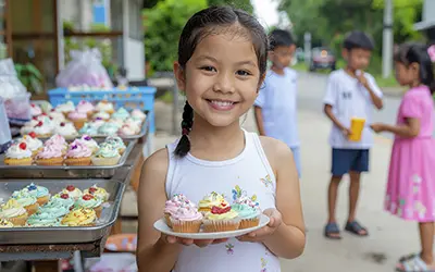 Une jeune fille vend des cupcakes à ses amies sur le trottoir.