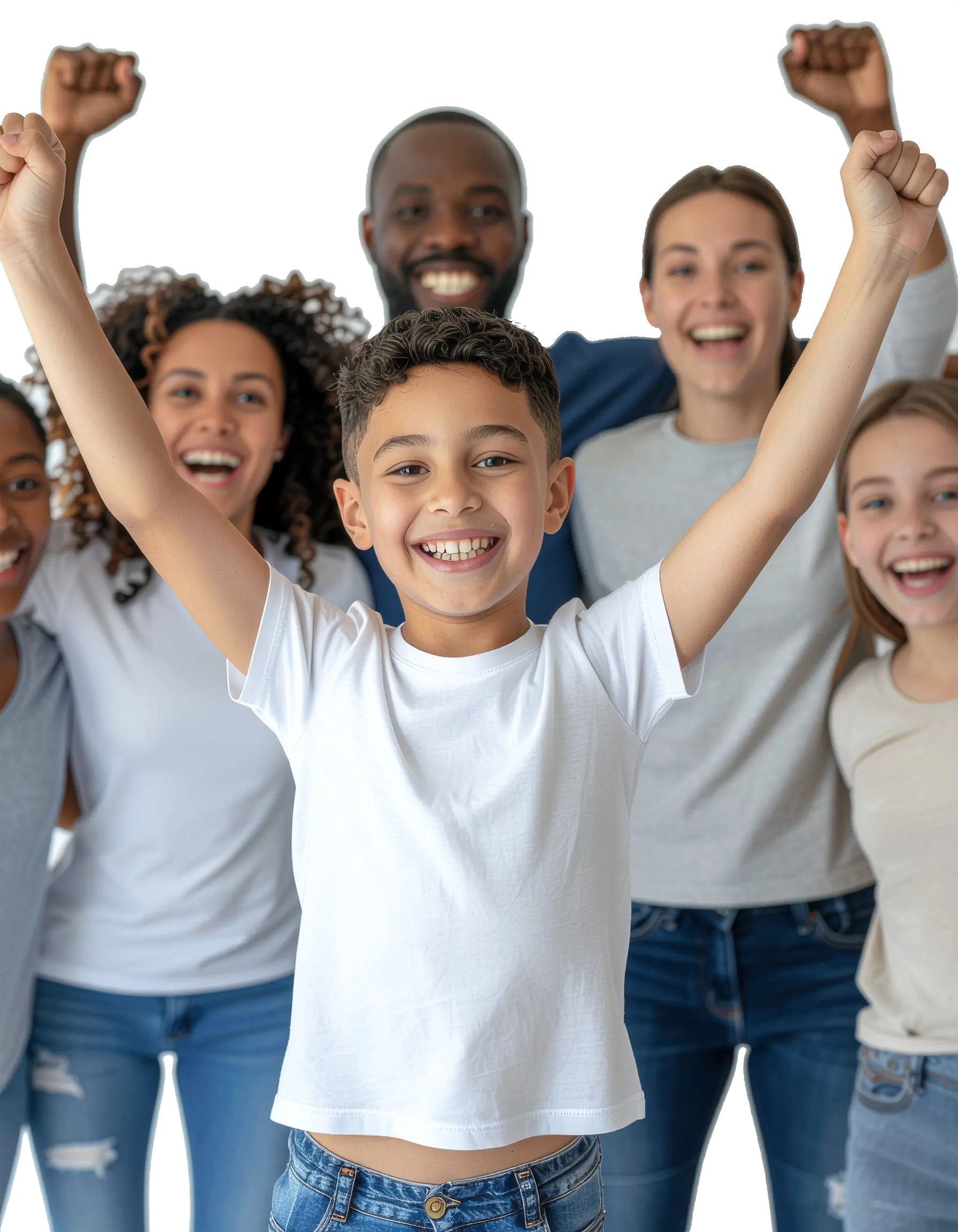 Un garçon et sa famille sourient au premier plan, les bras levés en signe de célébration.