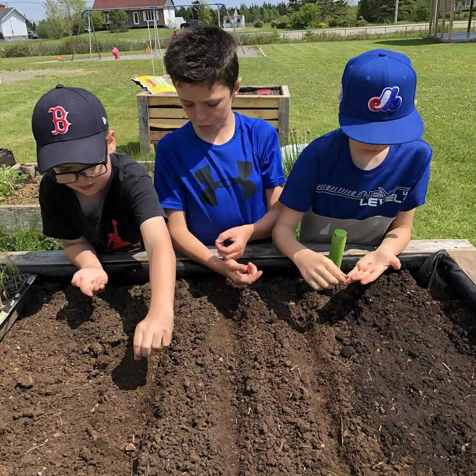 Pour la sécurité alimentaire, des enfants plantant des semences dans un jardin communautaire surélevé, activité éducative en plein air.